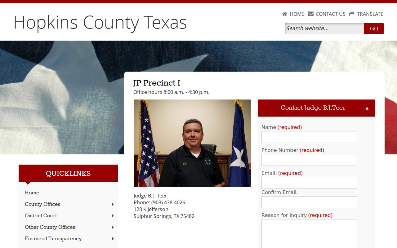 Hopkins County bench warrant records route at Justice of the Peace Precinct 1