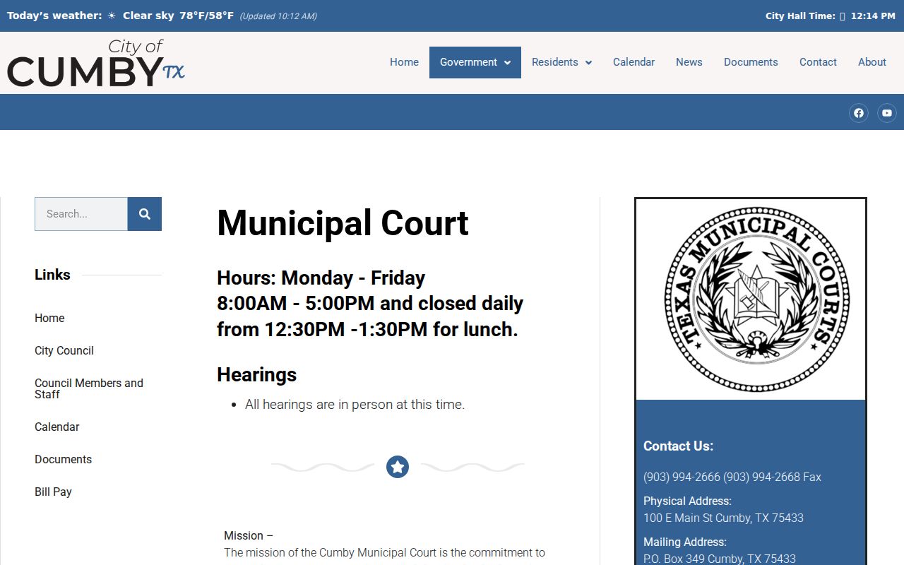 Hopkins County municipal warrant court information on Cumby Municipal Court