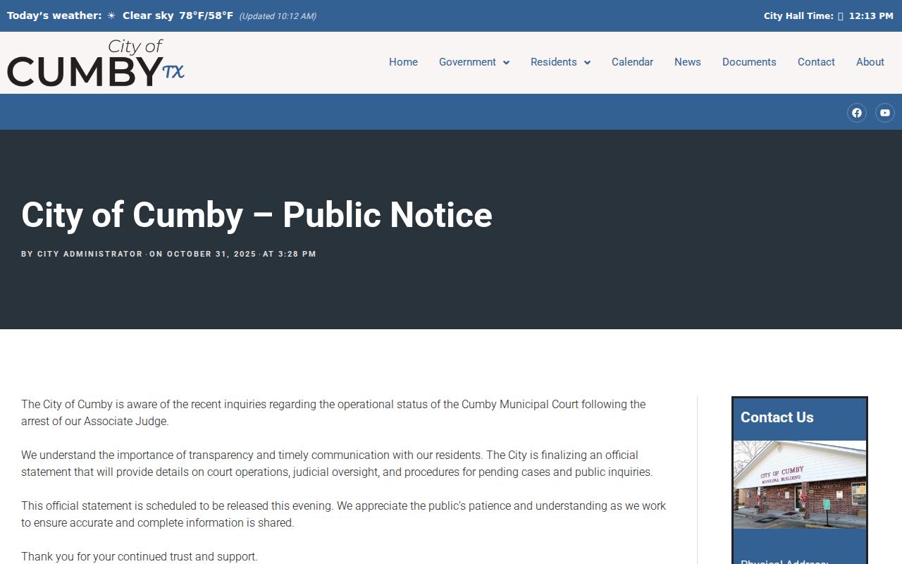 Cumby warrant court operations context from the October 2025 city notice