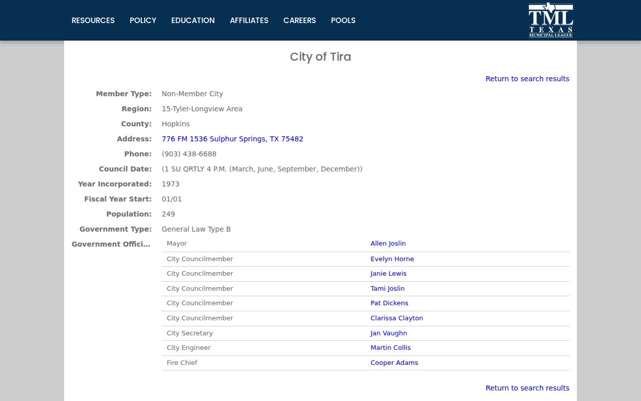 Tira warrant search orientation from a municipal contact directory entry