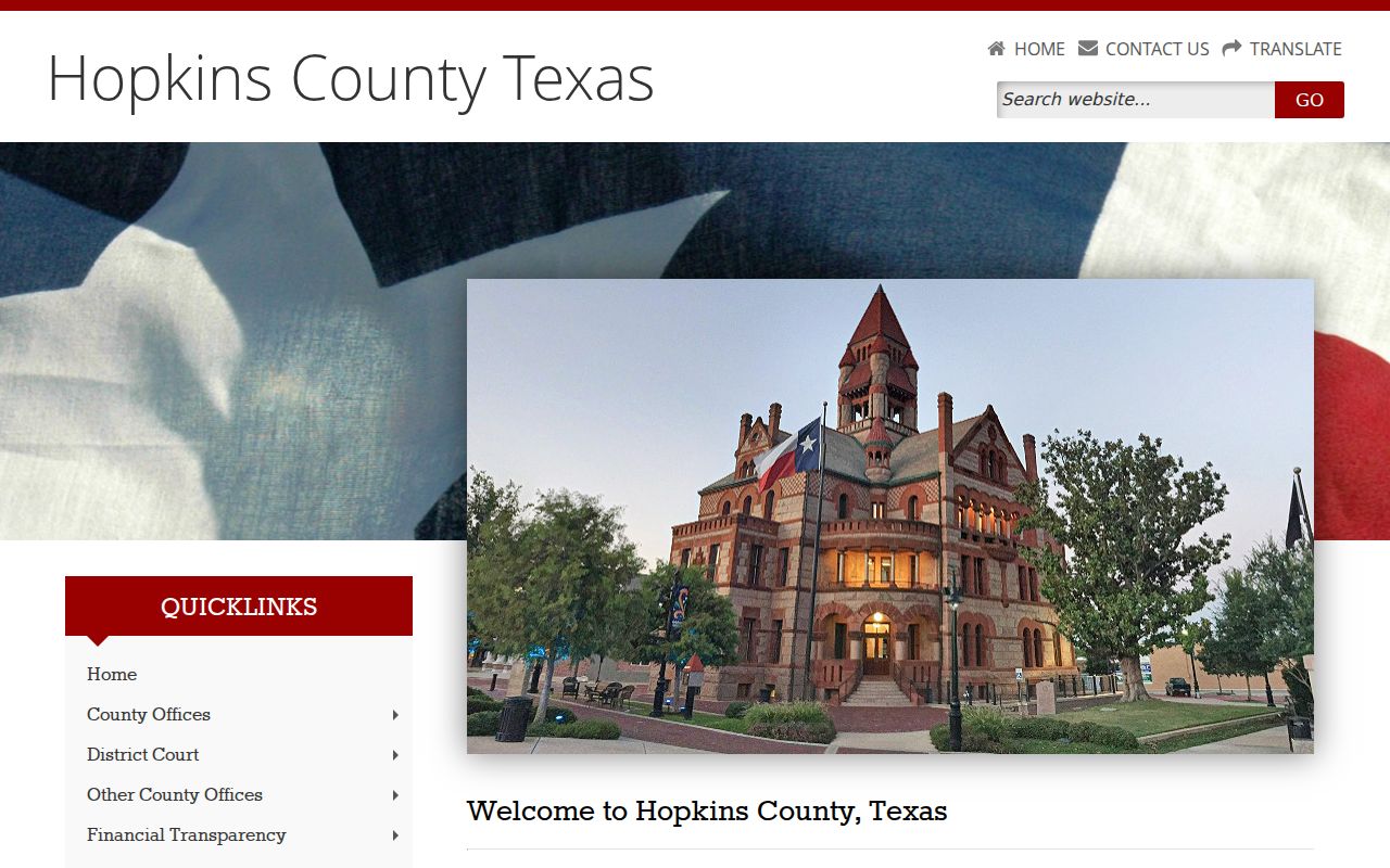 Hopkins County courthouse exterior shown on the county homepage