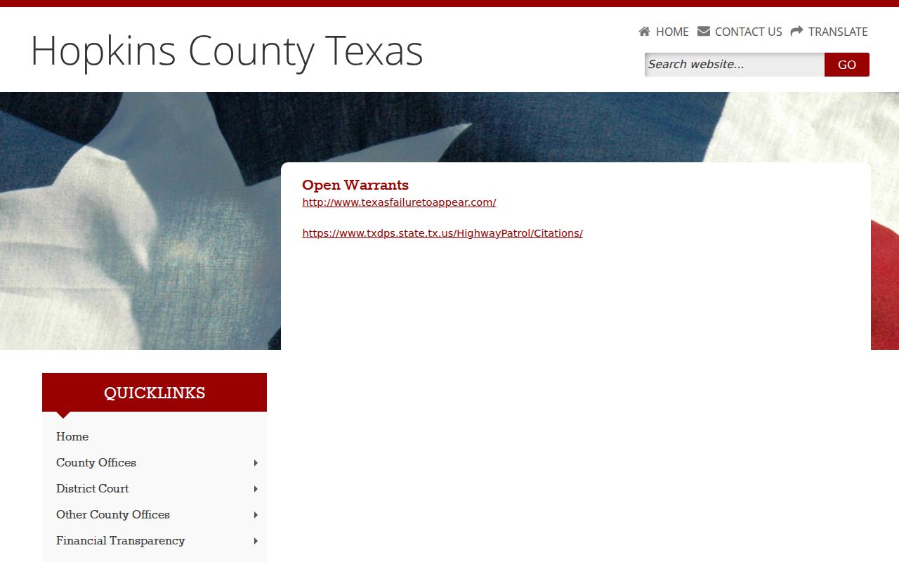 Hopkins County warrant lookup route on the official Open Warrants page